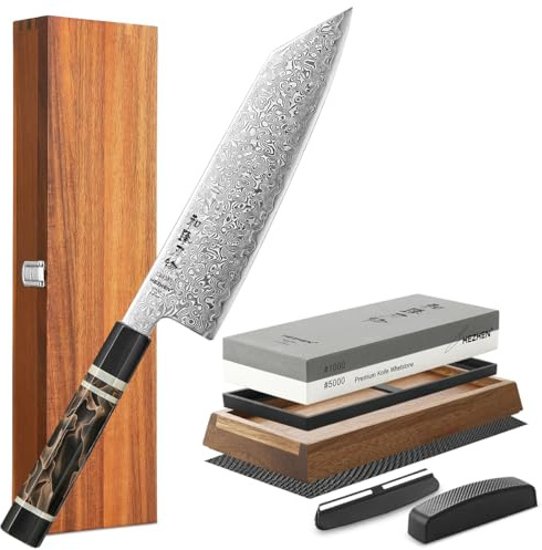 HEZHEN Couteau de Kiritsuke Damas en Acier Poudre ZDP-189 Japonais avec Pierre à Aiguiser Grande Professionnel Aiguiseur de Couteau