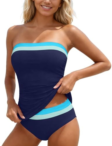 Generico Costume da Bagno Tankini Set Due Pezzi Mare Curvy Bagno Tankini a Fascia in Due Pezzi con Top Arricciato e Design Senza Spalline Estate Beachwear Swimwear per Spiaggia Piscina