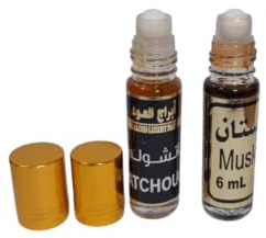Pack 2 botellas de cristal 6 ml/u : 1 Musk + 1 pachuli, aceite perfume roll on sin alcohol