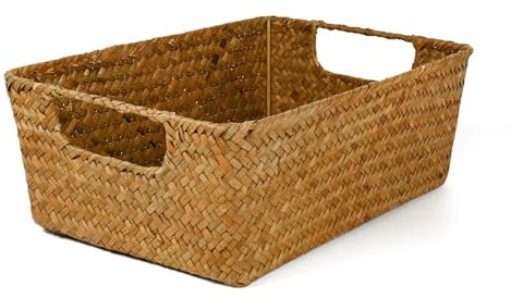 Rechteckiger Aufbewahrungskorb aus Seegras mit Griff Rattankorb korb Geflochten Wäschekorb gewebter Weidenkorb, Handtuchkorb handgefertigter Aufbewahrungskorb Regale und Schreibtische 33X23X11CM