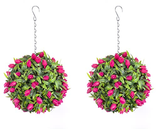 Pair of Best Artificial TULIP Flower Balls Lush Long Leaf Topiary Grass (24cm, Pink)