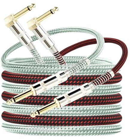 OTraki Guitar Cable 1 m 2 Pcs 6.35 mm 1/4 Straight to Right | Guitar Lead Braided Noiseless Amp Cable for Electric Guitar Audio Instrument Electric Bass Keyboard
