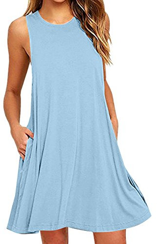 TYQQU Damen Crewneck Mini Tank Kleid Ärmelloses Tankkleid Mit Taschen Lässiges Tankkleid Himmelblau XL