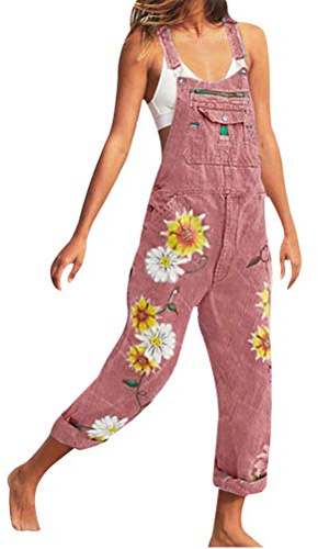 Onsoyours Jeanslatzhose Damen Latzhose Retro Jeanshose Trägerhose Hoseanzug Denim Blumen Overall Gerades Bein Lang Trägerhose Ärmellos Locker mit Taschen