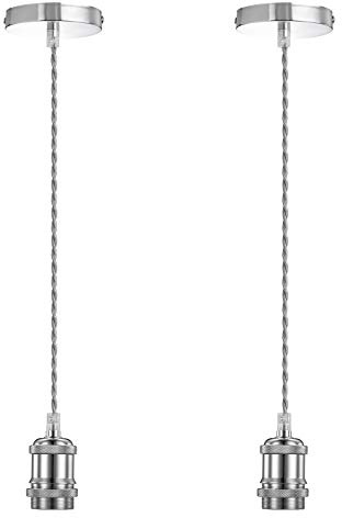 Licperron 2 Pack Vintage Pendant Light Fitting E27 Base Pendant Lamp Holder with Chrome Braided Flex