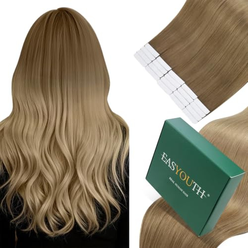 Easyouth Tapes Extensions Echthaar Balayage Blond #Ba10/14 50cm | Extensions Echthaar Tapes Goldbraun Ombre Dunkelgolden Blond, Weiche Textur, Natürliche Haptik, 50g, 20stücke