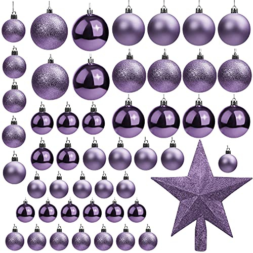 Belle Vous Palline di Natale lilla con stella (set di 50) - Palline di abete brillanti di diverse dimensioni con 1 stella, decorazione per albero di Natale, decorazione per interni ed esterni