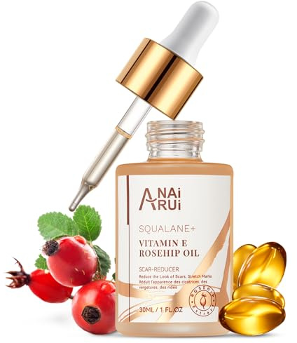 ANAI RUI Squalane + Vitamin E Rosehip Oil Moisturizer for Face,Hair,Skin& Nail Hydrate, Reduce Scars and Stretch Marks, Wrinkles for Smoother, Softer Skin 1 fl. Oz