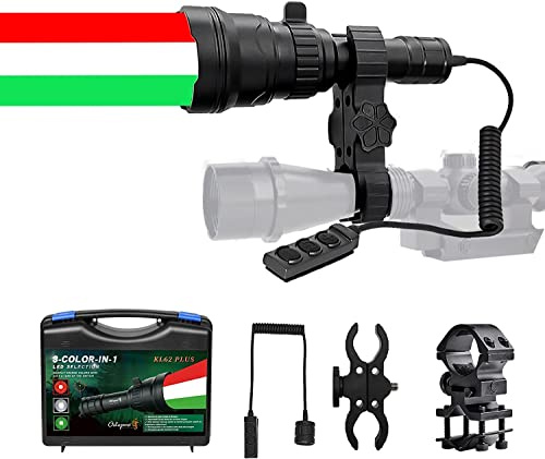Odepro KL62 Plus Zoom 3-in-1 LED Torch, Red White Green for Night Hunting | Dial Color Switch, Stepless Dimmer, Long Range, Remote Switch, Two Mounts Included, Ideal for Coyote, Hog, Varmint Hunting