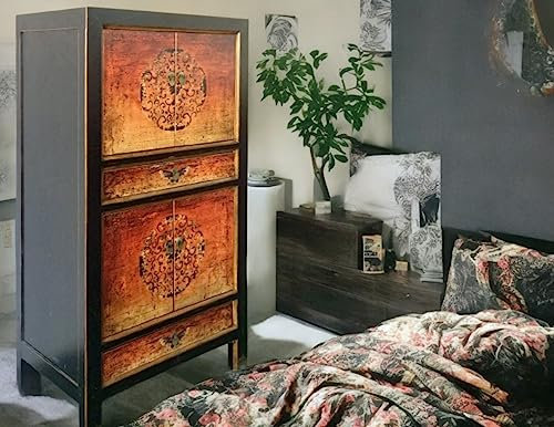 OPIUM OUTLET asiatisk skåp hög byrå orientalisk bröllopsskåp kinesisk orange-svart vintage shabby-chic