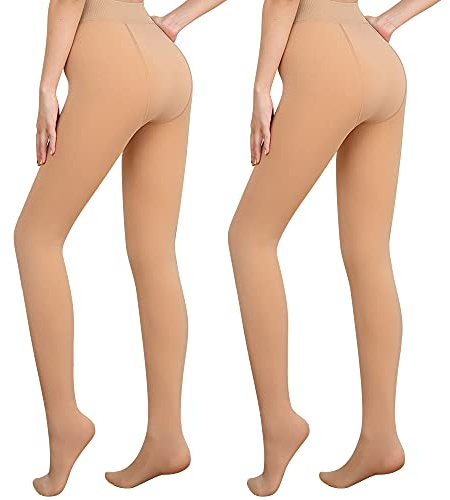 Libella Termostrumpbyxor för kvinnor med innerfoder vinter varma ogenomskinliga termostrumpbyxor gosiga sömlösa treggings hög midja sport snäva flera färger 4152, 2-pack beige, M