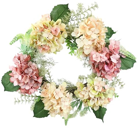 Rattankranz mit künstlichen Hortensien Hortensienblüten Blüten Blumen Kunstblumenkranz Deko Wandkranz Türkranz zum Aufhängen Legen Blütenkranz Landhaus Kranz Haustür-Dekoration Hochzeit Dekoration