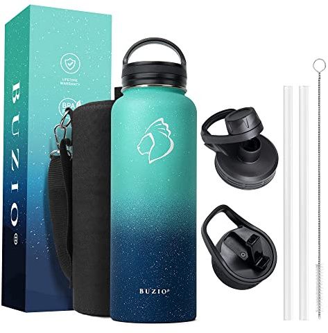 BUZIO Insulated Water Bottle 1.2L with 3 Lids, Keep Cold 48 Hrs
