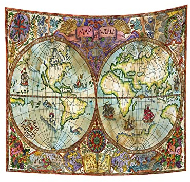 YONGFOTO 150x130cm die Karte Wandteppich, Weltkarte Wandteppiche Bunte Malerei Europäische Retro Seekarte Alte Historische Atlas Wandteppich für Wohnzimmer Wohnheim Dekor Teppich