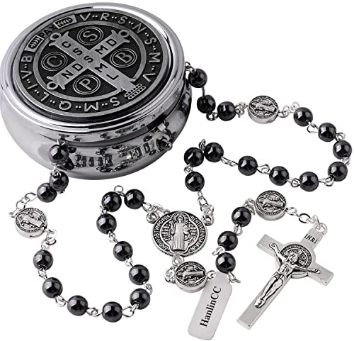 HanlinCC 6mm Hematite Stone Black Beads Catholic Saint Benedict Rosary Necklace for Men and Boy with St.Benedict Center Piece and Crucifix with Metal Gift Box