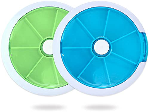 YUTOU 2 Stück Tablettenbox 7 Tage Rund Pillenbox Klein Medikamentenbox 7 Tage Tabletten Wochenbox mit 7 Fächer Tragbare Medikamentendosierer für Zuhause und Reisen, Blau + Grün