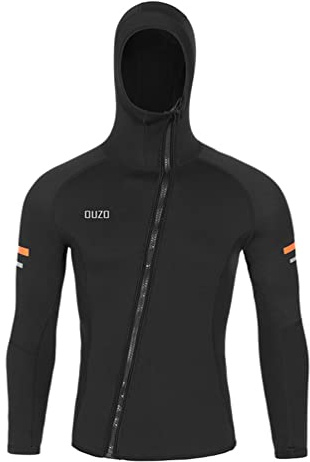 YuanDiann Muta da uomo da 1,5 mm con cappuccio protezione solare in neoprene per immersioni Top snorkeling Surf elasticizzato con zip frontale a maniche lunghe comodi costumi da bagno nero L