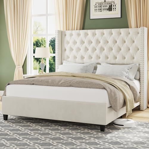 Jocisland Queen Size Bed Frame with 51.6” Wingback Tufted Velvet Headboard, Modern Upholstered Platform Bed, No Box Spring Needed, Easy Assembly, Cream