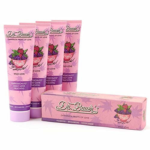 Dr. Bauer's Fruits of Love WILD LOVE Dentifricio, dentifricio in tubo sostenibile da 90 ml, confezione da 4 (4 x 90 ml)