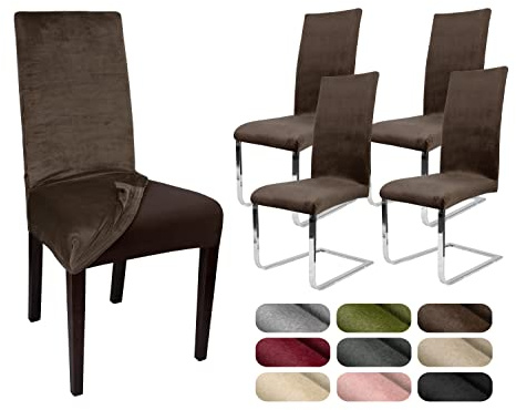 BEAUTEX Stuhlhussen Samt Stretch Stuhl & Schwingstuhl 4er Set Braun LEA | 95% Polyester, 5% Elasthan, weiche Velours-Oberfläche, Rundum-Gummizug, 30 °C waschbar, faltenarm, formstabil & langlebig