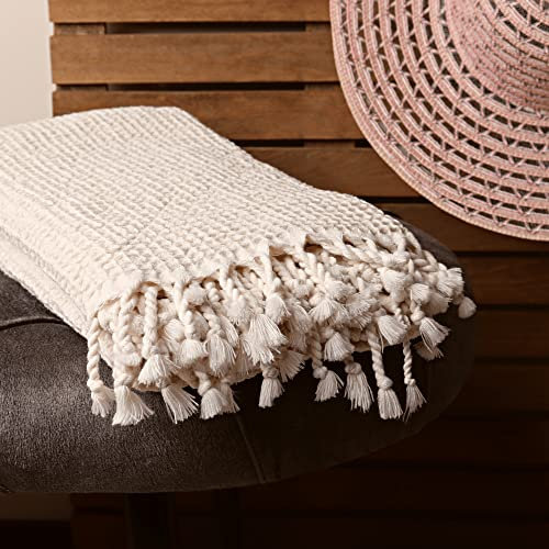 Püskül - Saunatücher Waffelmuster - Luxus Weich 100% Türkisch Baumwolle Hamamtuch für Badezimmer, Spa, Reisen - Dünne Groß Badetuch Strandtuch 85 x 170 cm (Natur-Creme, 1)