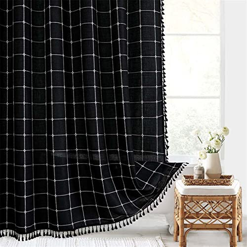 LIVEINU Duschvorhang Leinen Stoff Textil Badewannenvorhang Antibakterielles Badezimmer Vorhänge mit Haken Wasserdicht Badewanne Vorhang Badezimmer, Kariertes Schwarz180x200cm
