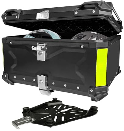 Aluminum Motorcycle Trunk Box, Universal 65L Waterproof Top Case with Security Lock for Helmet Luggage (Black)