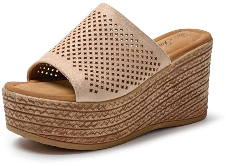 JOMIX Sandales Compensées Femme Sandale Femme Tongs Compensé d'été Espadrilles Femme pour Maison Piscine Plage (Beige, 39)