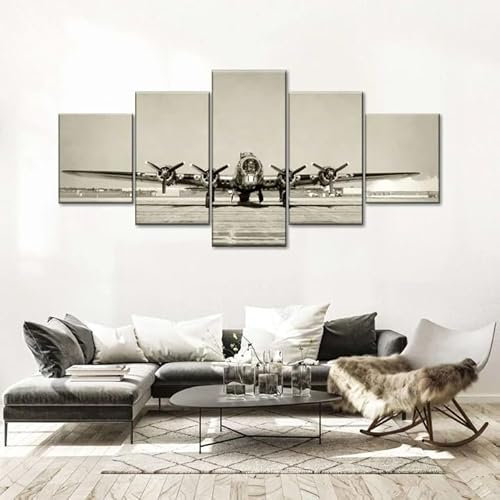 WKXTECZT Leinwand Bilder 5 Teilig Vintage Bomber Flugzeug Militärflugzeug Wandbilder Wohnzimmer Modern Bilder, Poster, Kunstdrucke Büro Flur Bad Küchebilder -Ungerahmt