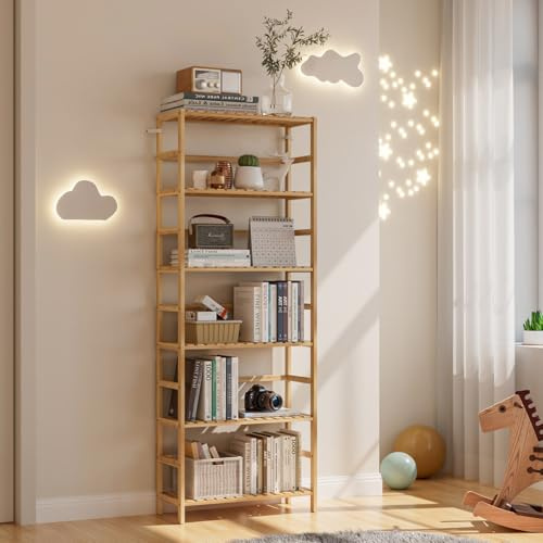 unho Badezimmerregal Badregal mit 6 Ablagen, Standregal Bambus, Verstellbare Bodenhöhe Bücherregal Küchenregal, für Wohnzimmer, Schlafzimmer, Küche, Büro