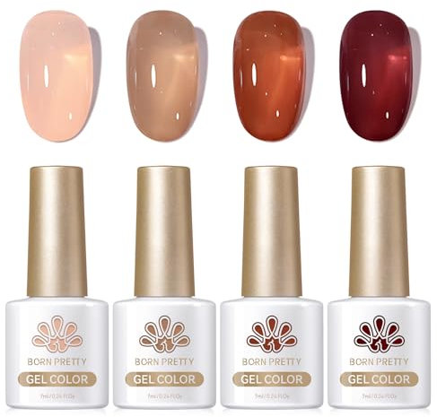 Born Pretty UV Nagellack Milky Jelly Milchig Nude Braun - Gel Nagellack UV Natur Kristall Transparent UV Lack Autumn Ember Serie Maniküre und Nagelkunst DIY zu Hause 4PCS