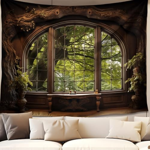 QGHOT Forest Window Tapestry, Nature Outdoor Tapestry Wall Hanging Woodland Scene Large Wall Mural for Bedroom Living Room Office Decor 90x70in