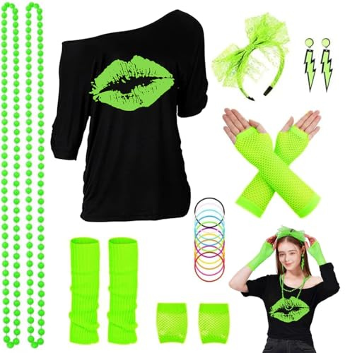 ELFIN 80er 90er Jahre Outfit Damen, T-Shirt, Stirnband, Ohrring, Halskette, Netzhandschuhe, Armband, Beinwärmer, 80er 90er Jahre Kostüm Aerobic Kleidung Mottoparty Accessoires Karneval, Schwarz-5, S