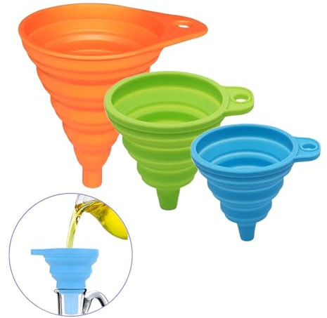 SIRLOMU 3 Pezzi Silicone Imbuti Pieghevoli Trasportabili Faltabili per Trasferimento Liquidi in Cucina (Blu+Verde+Arancione) (Piccolo/Medio/Grande)
