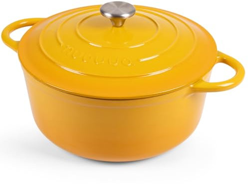 Casseruola in Ghisa Smaltata, Pentola Olandese Antiaderente con Coperchio, Induzione/Gas/Forno, Cottura Omogenea – 6.1 Liter 30cm Giallo – da Nuovva