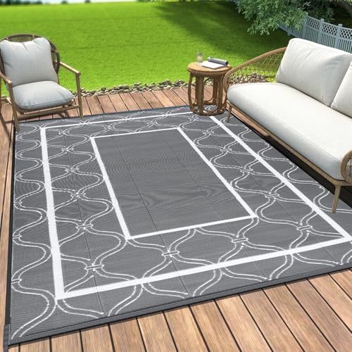 OIGAE Outdoor Teppich Wetterfest 150x240cm Balkon Grau Camping Teppich Plastik Recyceltem Außenteppich BBQ Picknick Wendbarer Wetterfest & UV-beständig,für Terrasse