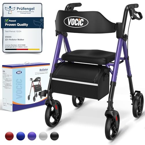 VOCIC Rollator Walker with Seat, Brakes, Bag, Foldable Walking Aid, Adjustable Height, Lightweight Rollator for Disabled, 20cm/8'' Wheels for All Terrain, 5 Year Support,Purple