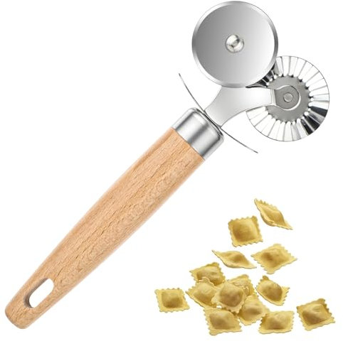 Wanmu Tagliapasta a doppia lama con manico in legno, per tagliare ravioli, pasta, biscotti di Natale, pizza