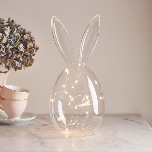 Lights4fun Glasklocka med kaninöron höjd 29 cm höjd med 20 mikro LED vit batteridriven varm inomhus påskdekoration