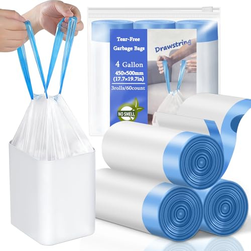 BODFPPC Bin Bags 10L, Tear-Free Drawstring Bin Liners, 20um Thickened Heavy Duty Tall Kitchen Bathroom Garbage Bags 10 Litres White 60 Counts
