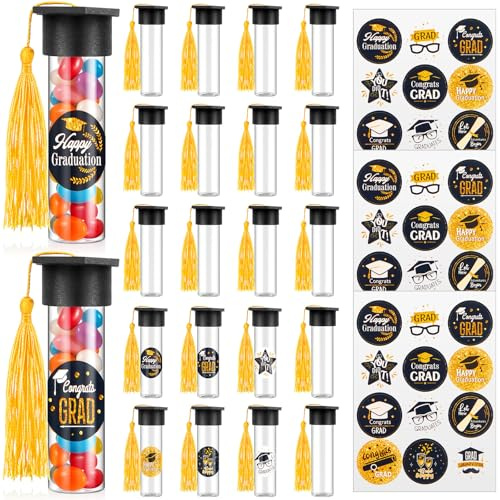 FillTouch 30 Sets 2026 Graduation Candy Tubes Jars Party Favor Gumball Container Clear Plastic Test Tubes with Mini Caps and Stickers for Graduation Prize Items (Black)