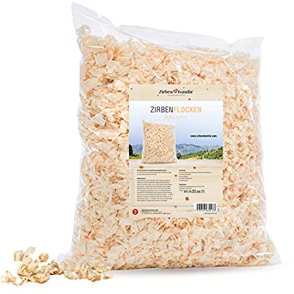 Zirben Familie® naturbelassene ZirbenFlocken 380 g | feine Zirbenspäne ohne Staub oder Sägespäne | zum Nachfüllen und Auffrischen unserer ZirbenKissen | Luftdichte Nachfüllpackung mit gehobeltem Zirbe