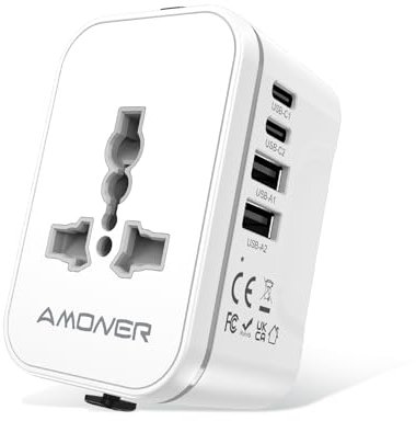 Amoner Adattatore Universale da Viaggio, Presa Universale da Viaggio 2 USB C e 2 USB A, 2KW Adattatore Presa per Inglese, Americana, Svizzera, Francia, Giappone, Italiana, Irlanda e 200+ Paese