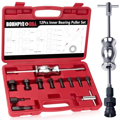 Bornpye 12pcs Blind Hole Collet Bearing Puller Set, Internal Bearing Extractor Puller Kit Slide Hammer Bearing Puller Set with Expandable Collets 8-32MM Insert Bearing Remover Set Tool (Red)