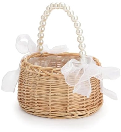 AWAOVV Blumenkorb im Pastoralen Stil mit Perlengriff, Rattan Blumenkorb, Geflochtener Blumenmädchen Korb, Geschenkkorb Flechtkorb, Hochzeitskorb Streukörbchen Hochzeit für Hochzeit