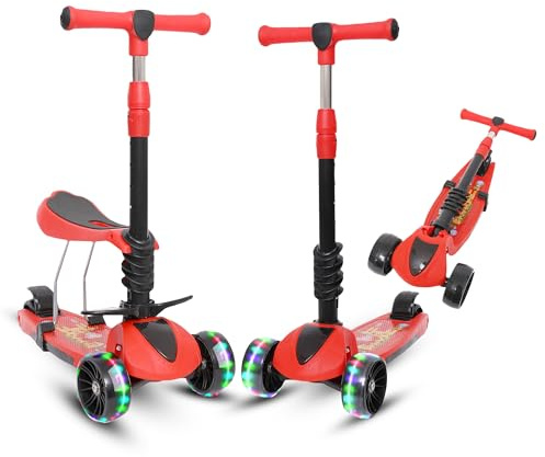 Habib 3-in-1 Kinderroller mit Sitz - Dreirad Tretroller, Faltbar, Höhenverstellbar, LED Räder, Kinderroller ab 3 Jahren (Bis 50kg)