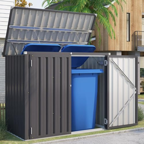 YODOLLA Abri de Jardin,Coffre de Jardin Exterieur,Poubelle de Métal,Gris | Abris de Jardin en Métal,Cabane Extérieure Toit Incliné, Abri de Rangement Extérieur avec Serrure Sécurisée, Rangement Outils