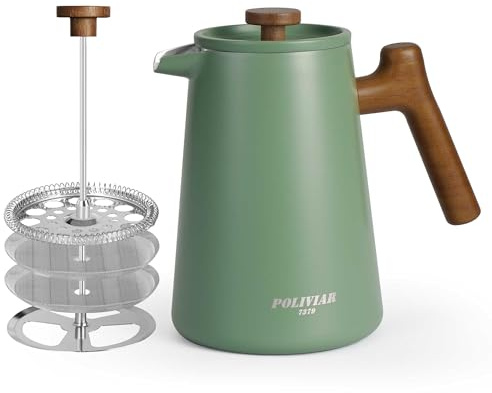 Poliviar French Press Kaffeebereiter 1 Liter/8 Tassen | Doppelwandige Isolierte Kaffeekanne und Teebereiter, Handfilter Kaffeepresse, Plunger & Griff aus Holz, JX2025-XFPN-DE