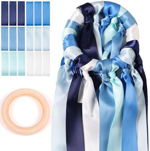 Sonekin Jeu de Ruban Mariage, Lot de 18 Rubans de Satin Double Face, y Compris Des Anneaux en Bois, Adaptés Aux Bouquets de Mariée, Aux Décorations de Fête(Bleu)