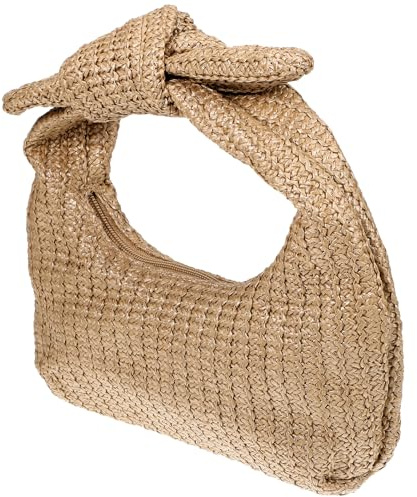 Bolso de Mano de Poliéster Beige para Mujer, Playa y Verano | Decoración de Lazo, Textura Tejida Delicada, Portátil y Colgable, Guarda Móvil y Gafas